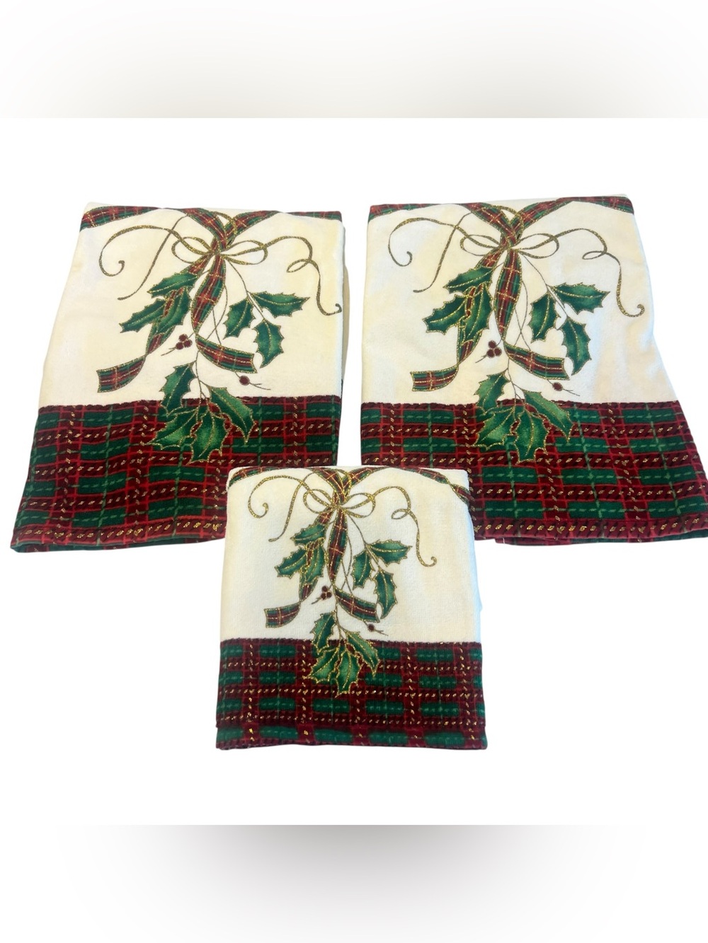 Lenox Holiday Nouveau Towel Set 3 Pc Bath & Fingertip Towels Holly Tartan Plaid